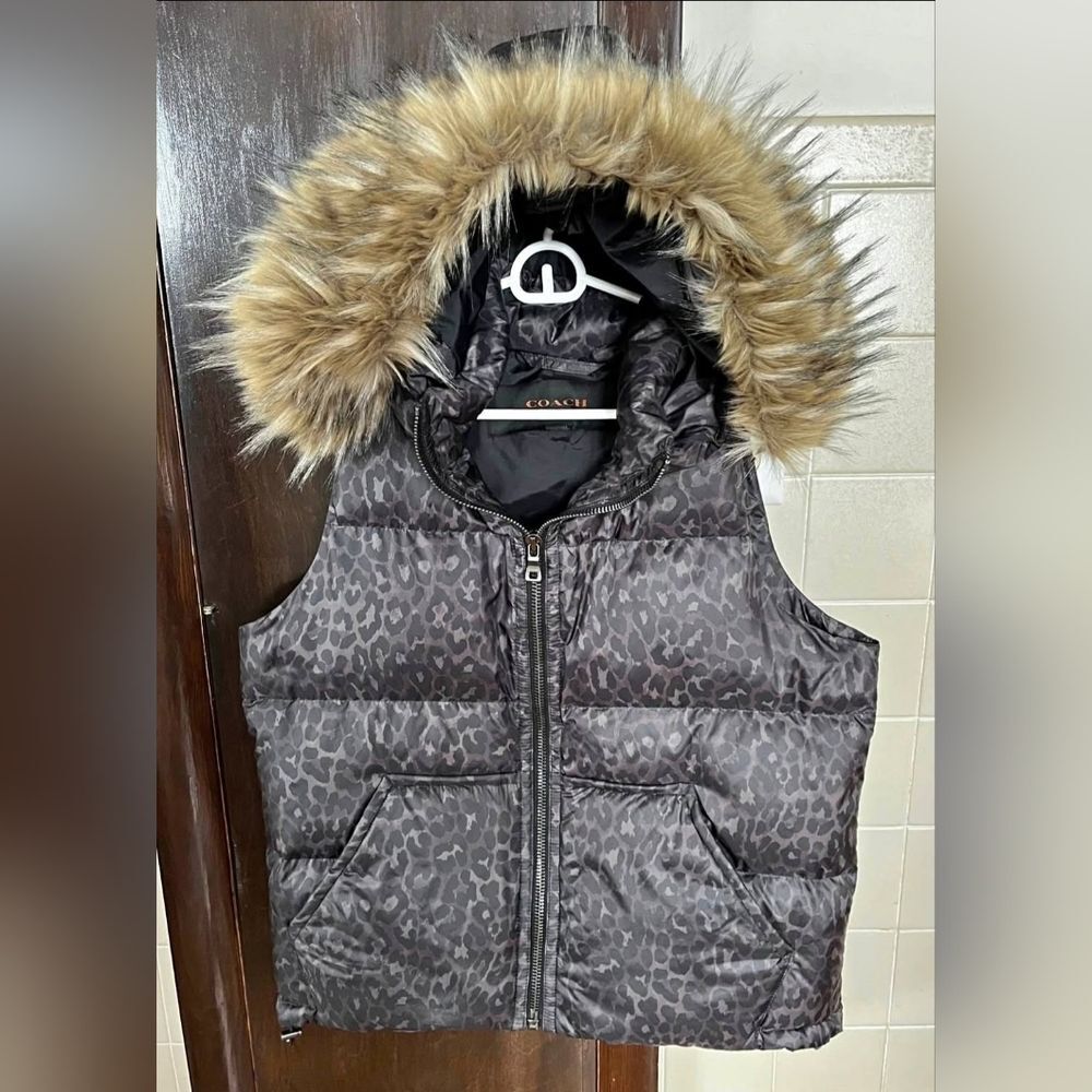 COACH Designer Animal Leopard Print  Fur Hooded Puffer Goose Down Vest S